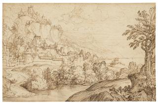 Giovanni Francesco Grimaldi, Il Bolognese - A landscape with a coastal town, after Albrecht Dürer