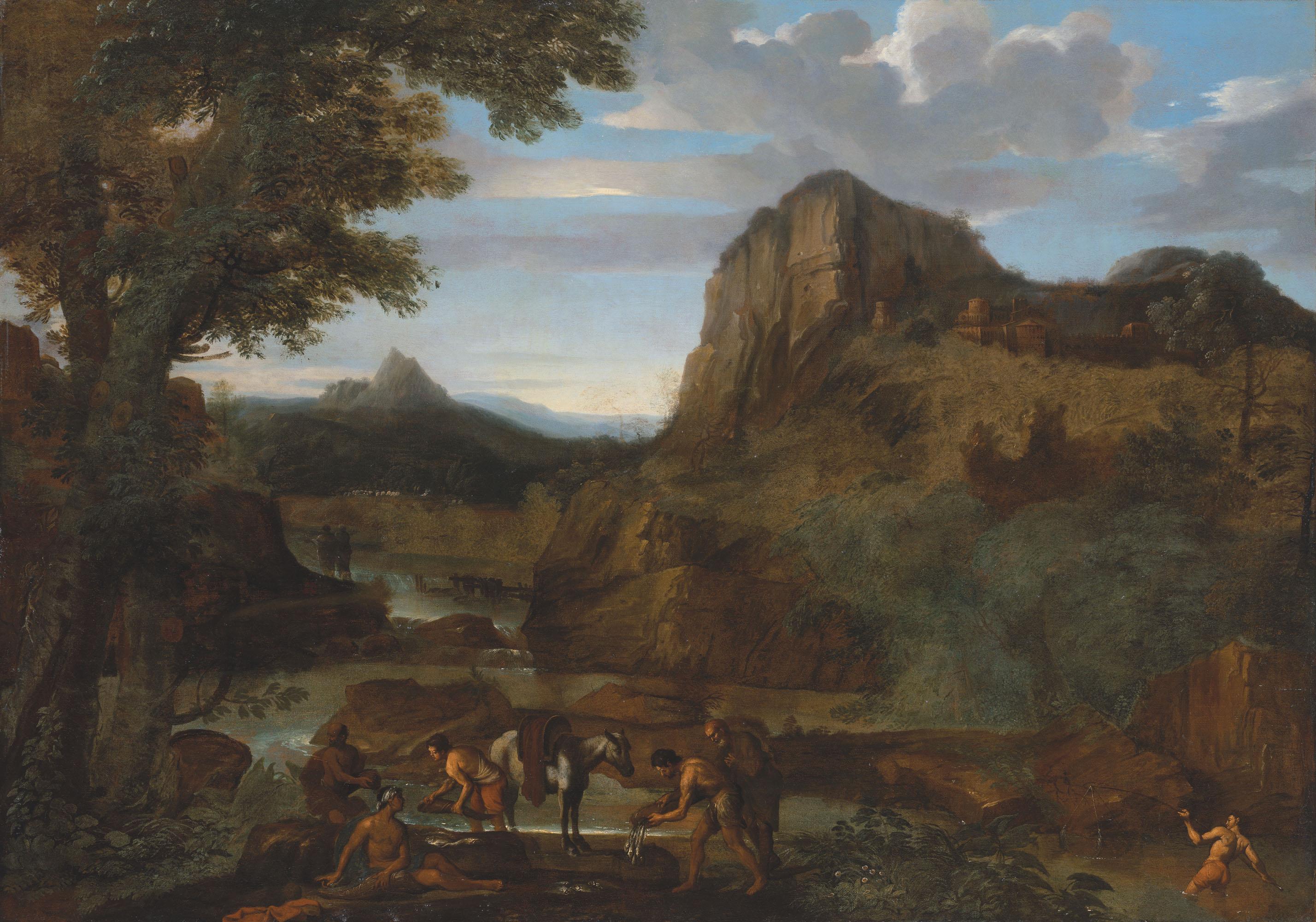 Giovanni Francesco Grimaldi, Il Bolognese - A Rocky River Landscape With Fishermen