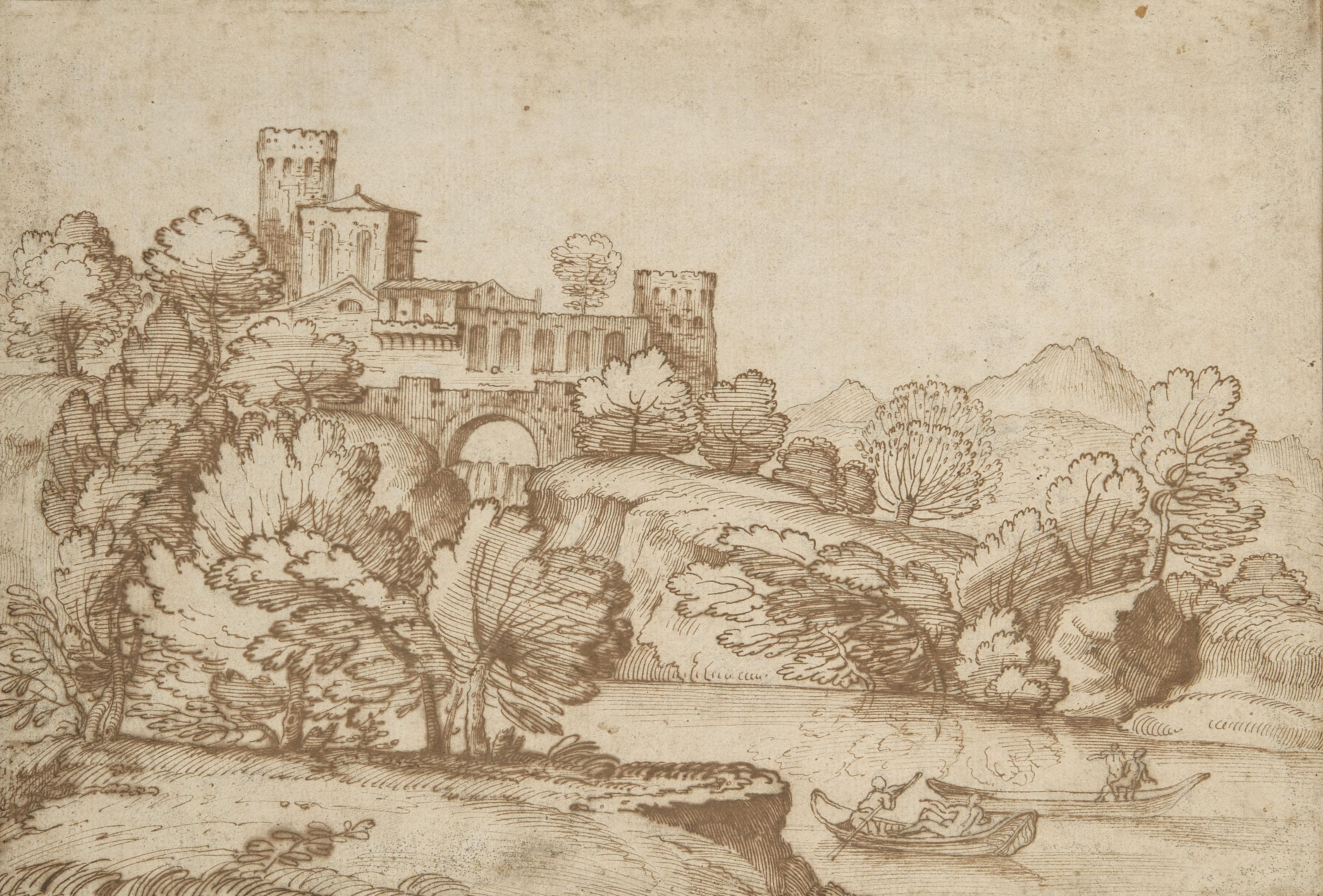 Giovanni Francesco Grimaldi, Il Bolognese - Villa italienne dans un paysage arboré au bord d\'une rivière