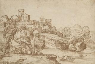 Giovanni Francesco Grimaldi, Il Bolognese - Villa italienne dans un paysage arboré au bord d\'une rivière
