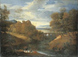 Giovanni Francesco Grimaldi - A classical river landscape with figures fishing
