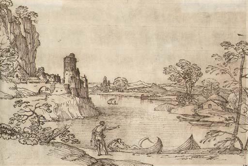 Giovanni Francesco Grimaldi - A landscape with boatmen by a lake and a village seen beyond