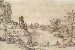 Giovanni Francesco Grimaldi - A landscape with boatmen by a lake and a village seen beyond