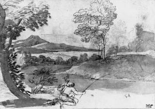 Giovanni Francesco Grimaldi - A wooded river landscape with a boy fishing