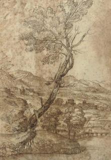 Giovanni Francesco Grimaldi - An extensive landscape with a tree (recto); A landscape with a fortified town (verso)