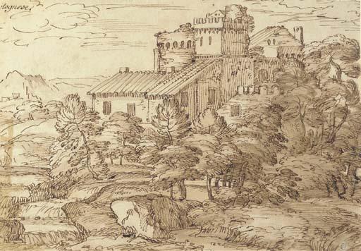 Giovanni Francesco Grimaldi - An extensive wooded landscape with fortified farm buildings