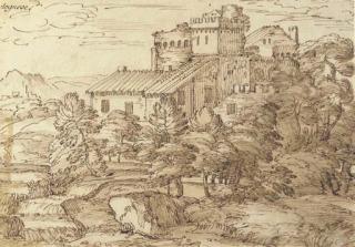 Giovanni Francesco Grimaldi - An extensive wooded landscape with fortified farm buildings