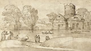 Giovanni Francesco Grimaldi - Figures and boats near a fortified farmhouse on a lake (recto); Putti holding a cartouche flanked by women (verso)