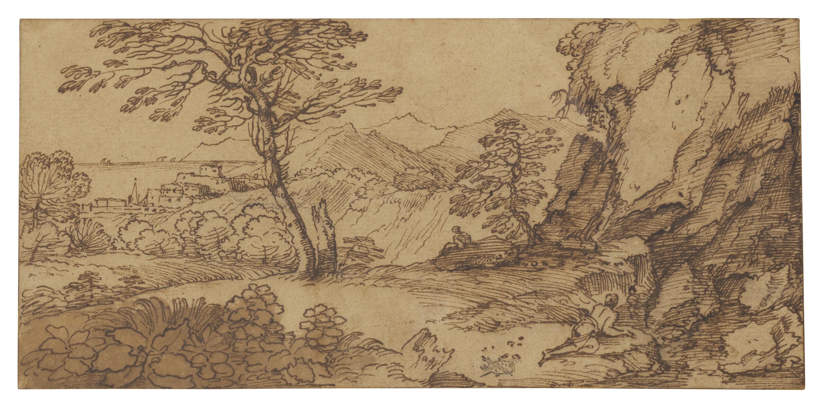 Giovanni Francesco Grimaldi - Figures by a track in a rocky landscape near the coast