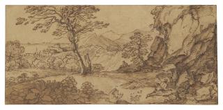 Giovanni Francesco Grimaldi - Figures by a track in a rocky landscape near the coast