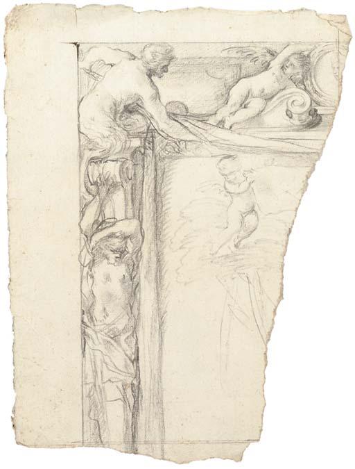 Giovanni Francesco Romanelli - Design for a frame with an herm below a satyr and a putto supporting the portrait of a cardinal