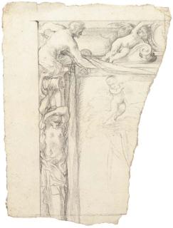 Giovanni Francesco Romanelli - Design for a frame with an herm below a satyr and a putto supporting the portrait of a cardinal