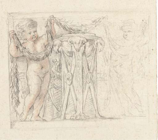 Giovanni Francesco Romanelli - Two putti decorating an incense-burner with garlands