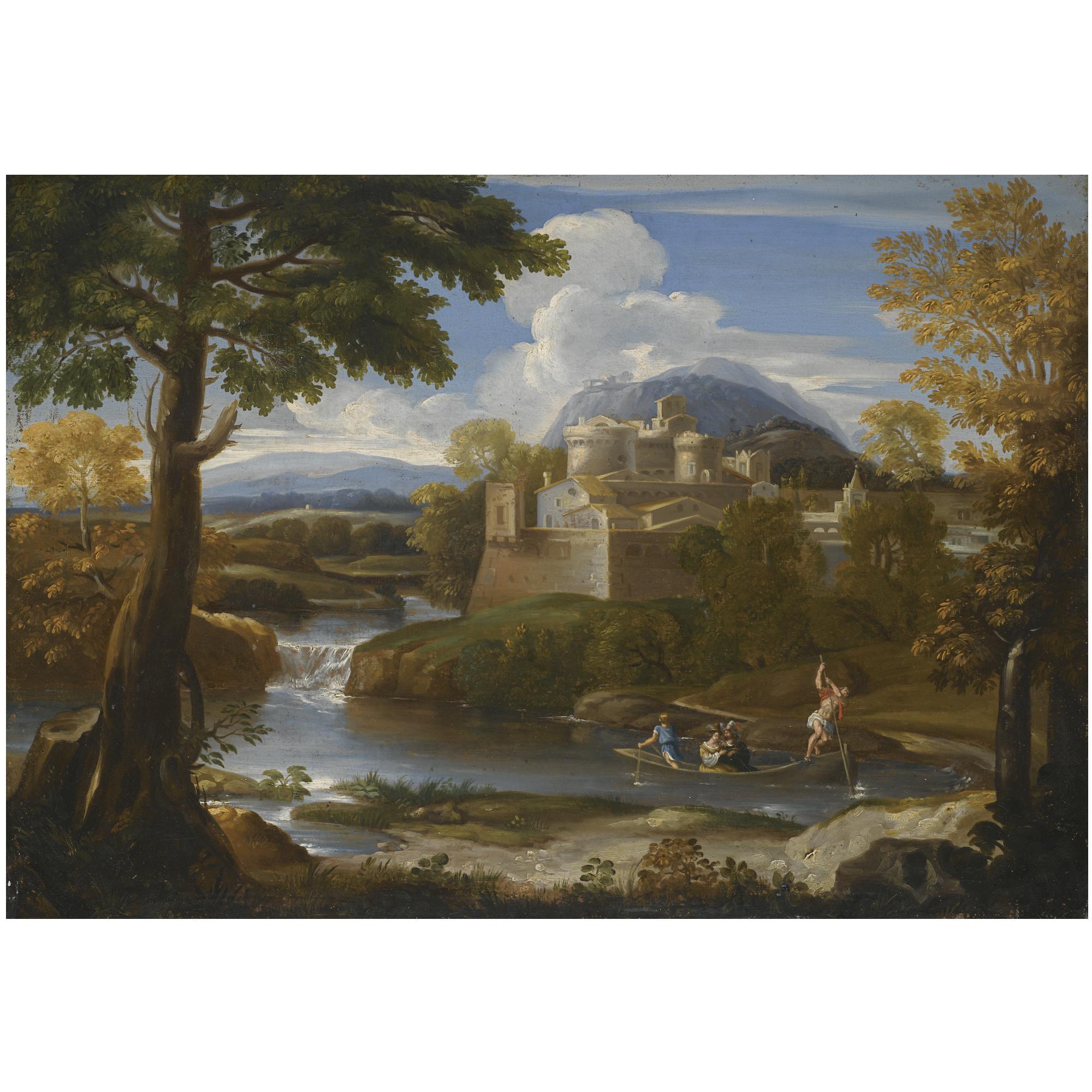 Giovanni Franceso Grimaldi - A River Landscape With An Elegant Couple Boating In The Foreground