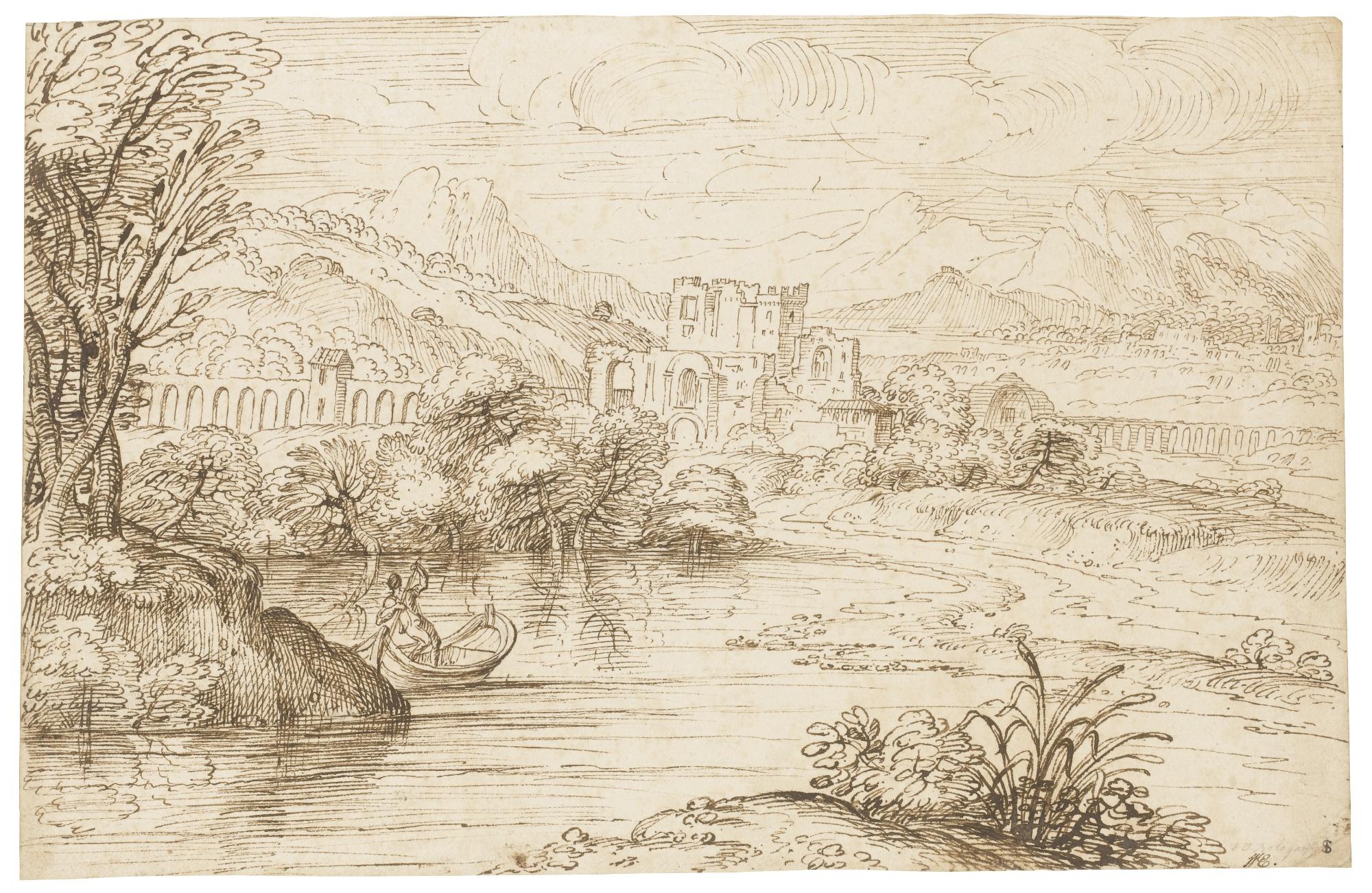 Giovanni Franceso Grimaldi - River Landscape With A Boatman And Ruined Castle