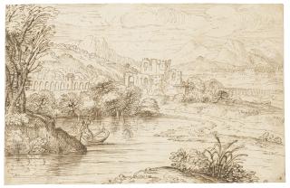 Giovanni Franceso Grimaldi - River Landscape With A Boatman And Ruined Castle