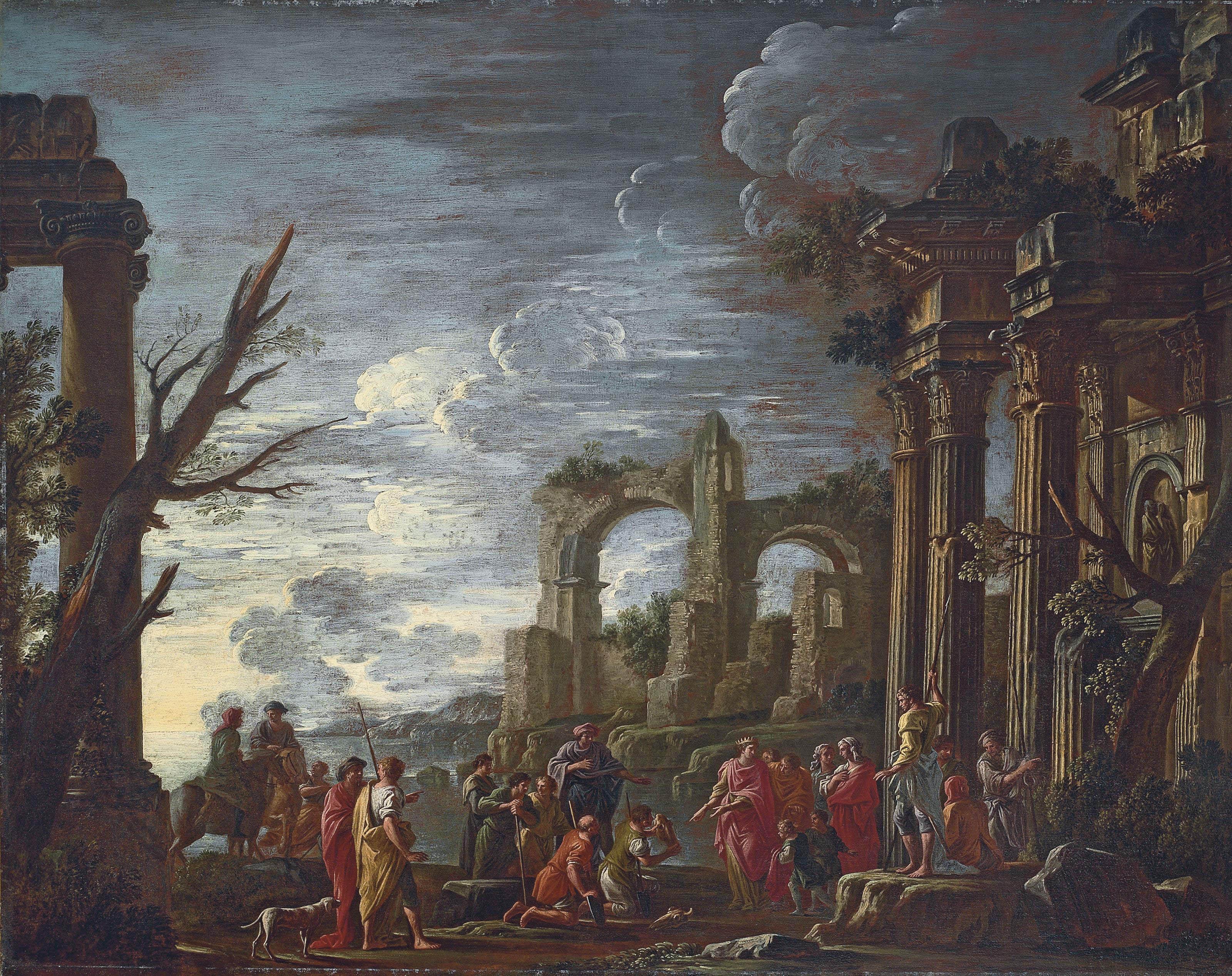 Giovanni Ghisolfi - A capriccio landscape with a king and other figures amidst classical ruins