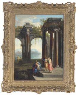 Giovanni Ghisolfi - A capriccio of classical ruins with elegant figures and mountains beyond