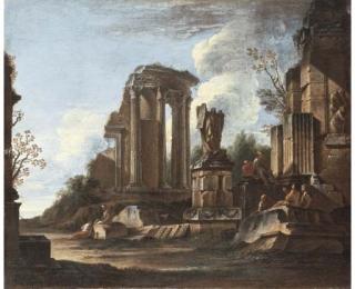 Giovanni Ghisolfi - A capriccio with the Temple of the Sibyl at Tivoli and classical ruins