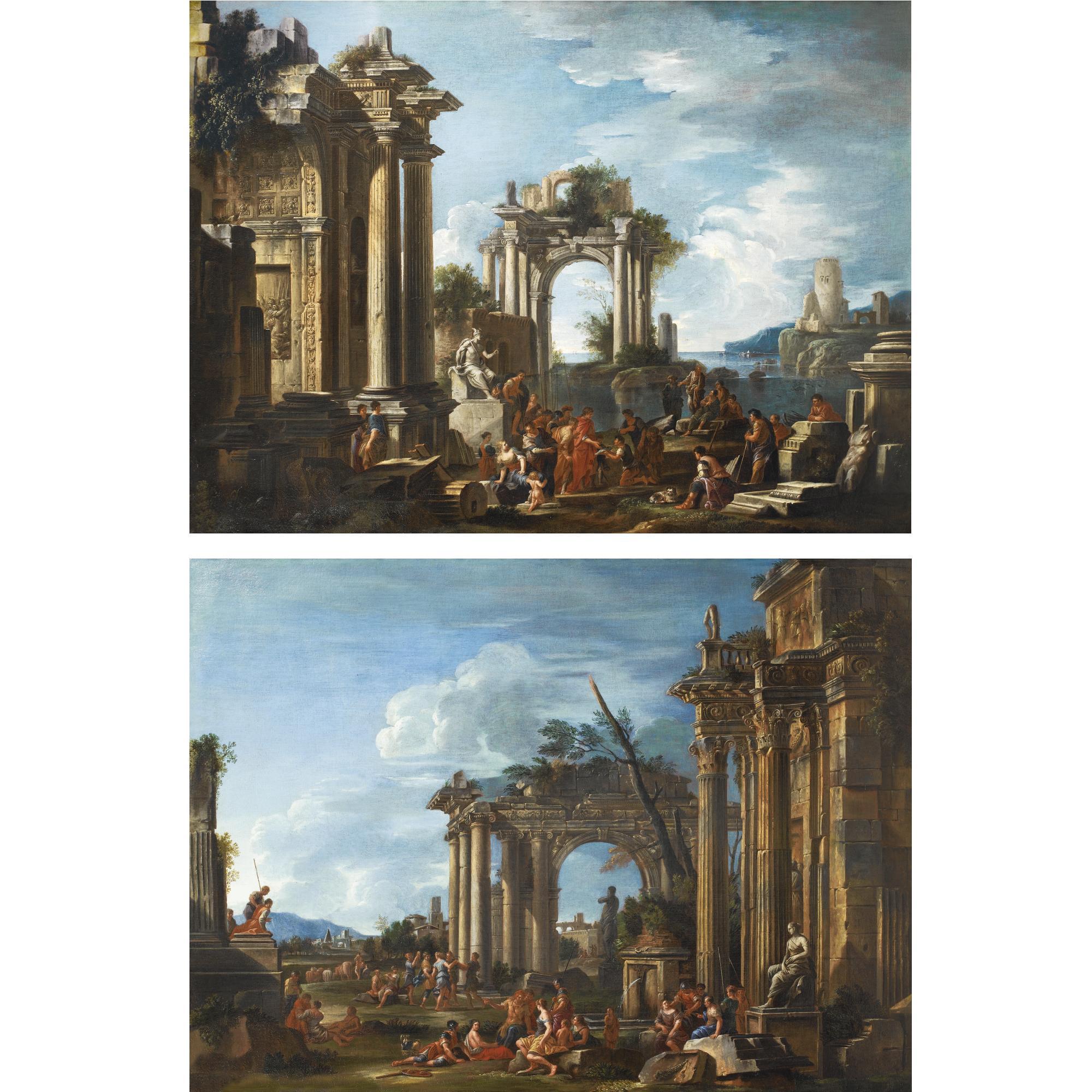 Giovanni Ghisolfi - Architectural Capriccio With A Statue Of Mercury; Architectural Capriccio With Conversing Figures, A Round Dance Beyond.