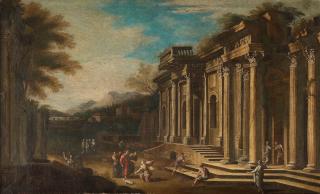 Giovanni Ghisolfi - Landscape with ruins and Jesus with the woman taken in adultery