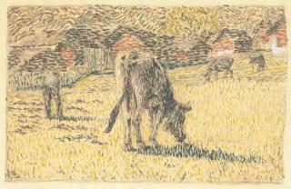 Giovanni Giacometti - Four cows in pasture, farm buildings beyond