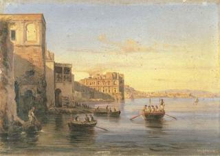 Giovanni Giordano Lanza - Napoli da Posillipo firmato G. G. Lanza acquarello su cartoncino mm 150x230 reca antica scritta del titolo  Pescatori a Palazzo Donn\'Anna firmato G. G. Lanza olio su cartone cm 19,5x27