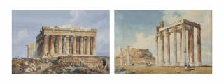 Giovanni Giordano Lanza - The Parthenon, Athens, With Men In The Foreground Dressed In Oriental Costumes; And The Temple Of Olympian Zeus With The Acropolis In The Background, Athens