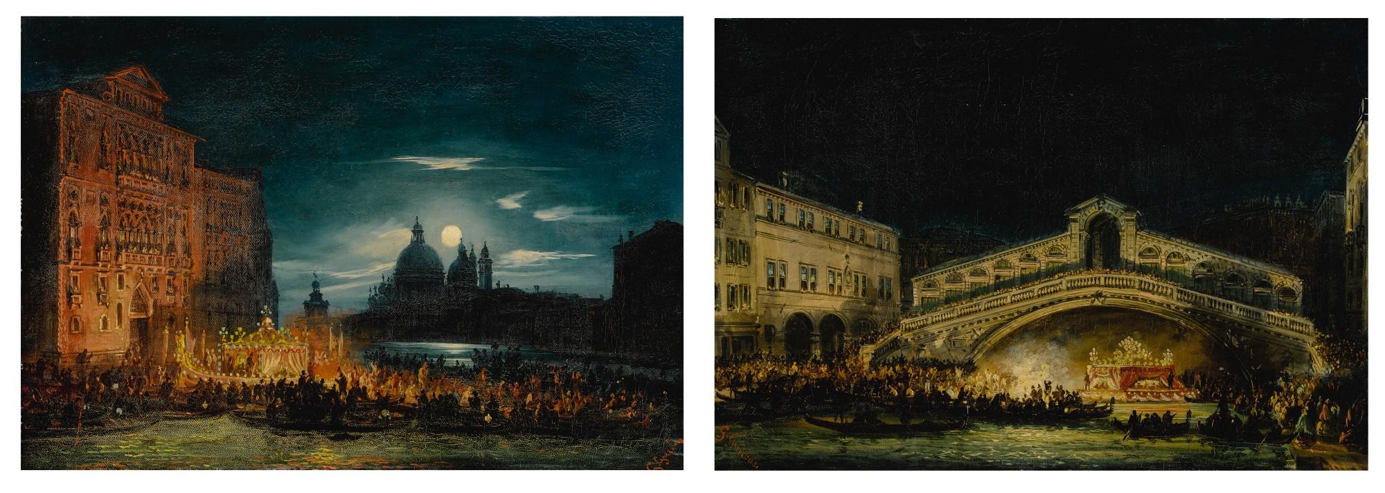 Giovanni Grubacs - A pair of nocturnal Venetian scenes on the Feast of the Redentore