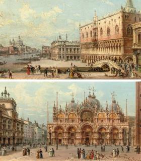 Giovanni Grubacs - A view of the San Marco; and An elegant company in front of the Palazzo Ducale, Venice