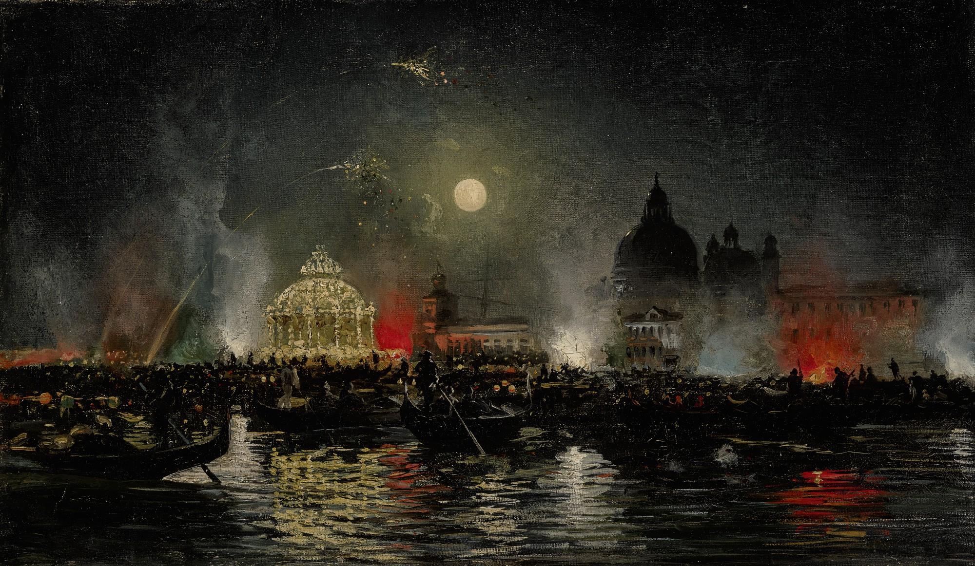Giovanni Grubacs - Decorated Barges And Fireworks By The Punta Della Dogana In Venice