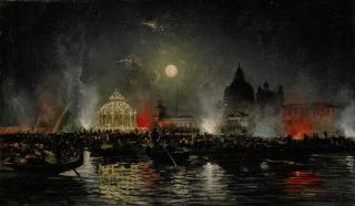 Giovanni Grubacs - Decorated Barges And Fireworks By The Punta Della Dogana In Venice