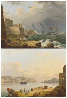 Giovanni Jean Schranz - A British frigate rounding Senglea Point, Valletta, Malta during a storm; and Valletta harbour, Malta, with a fifty-two-gun fourth-rate ship at anchor