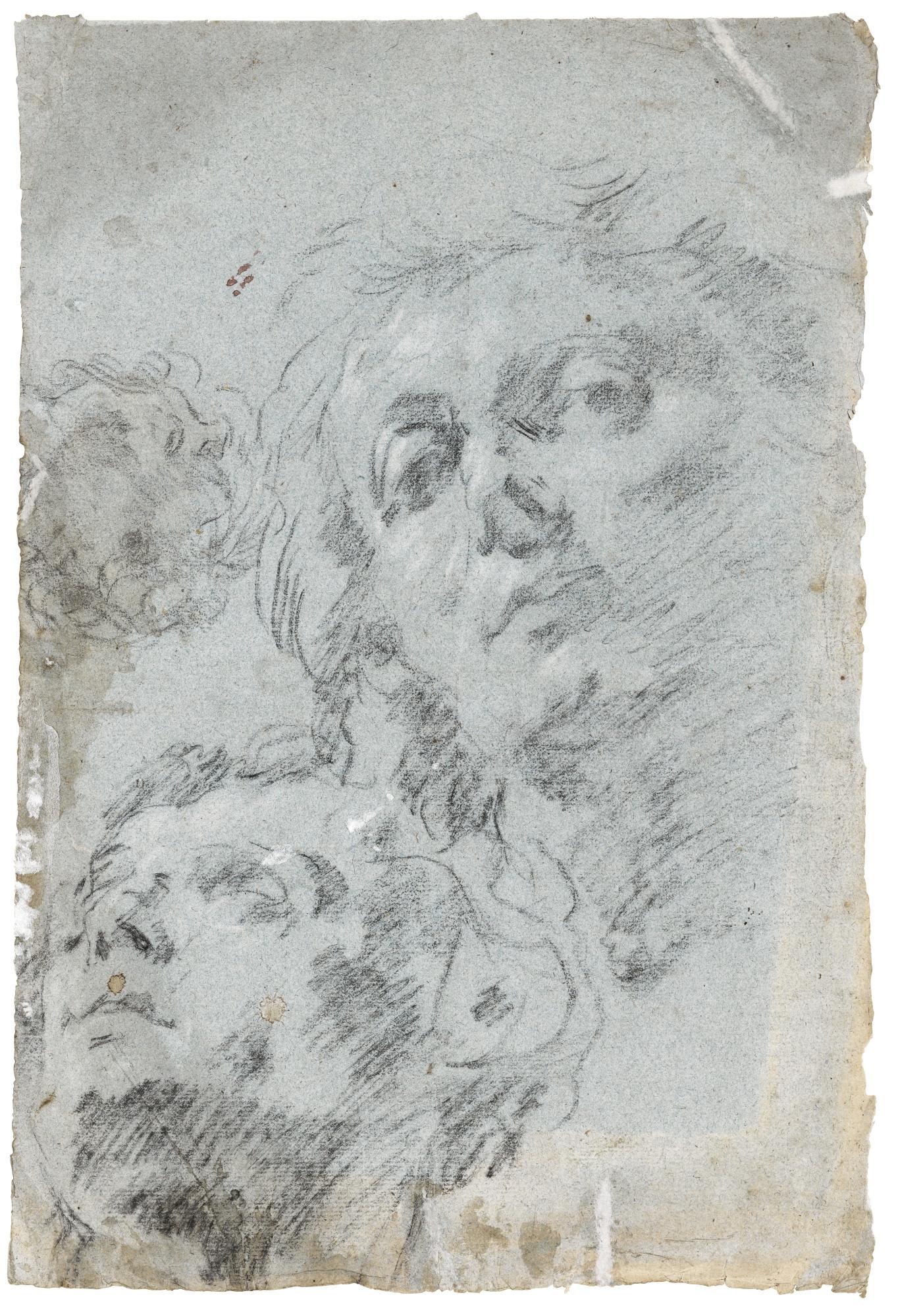 Giovanni Lanfranco - Recto: Studies Of Three Male Heads; Verso: A Half Length Figure Looking Up And A Study Of A Face