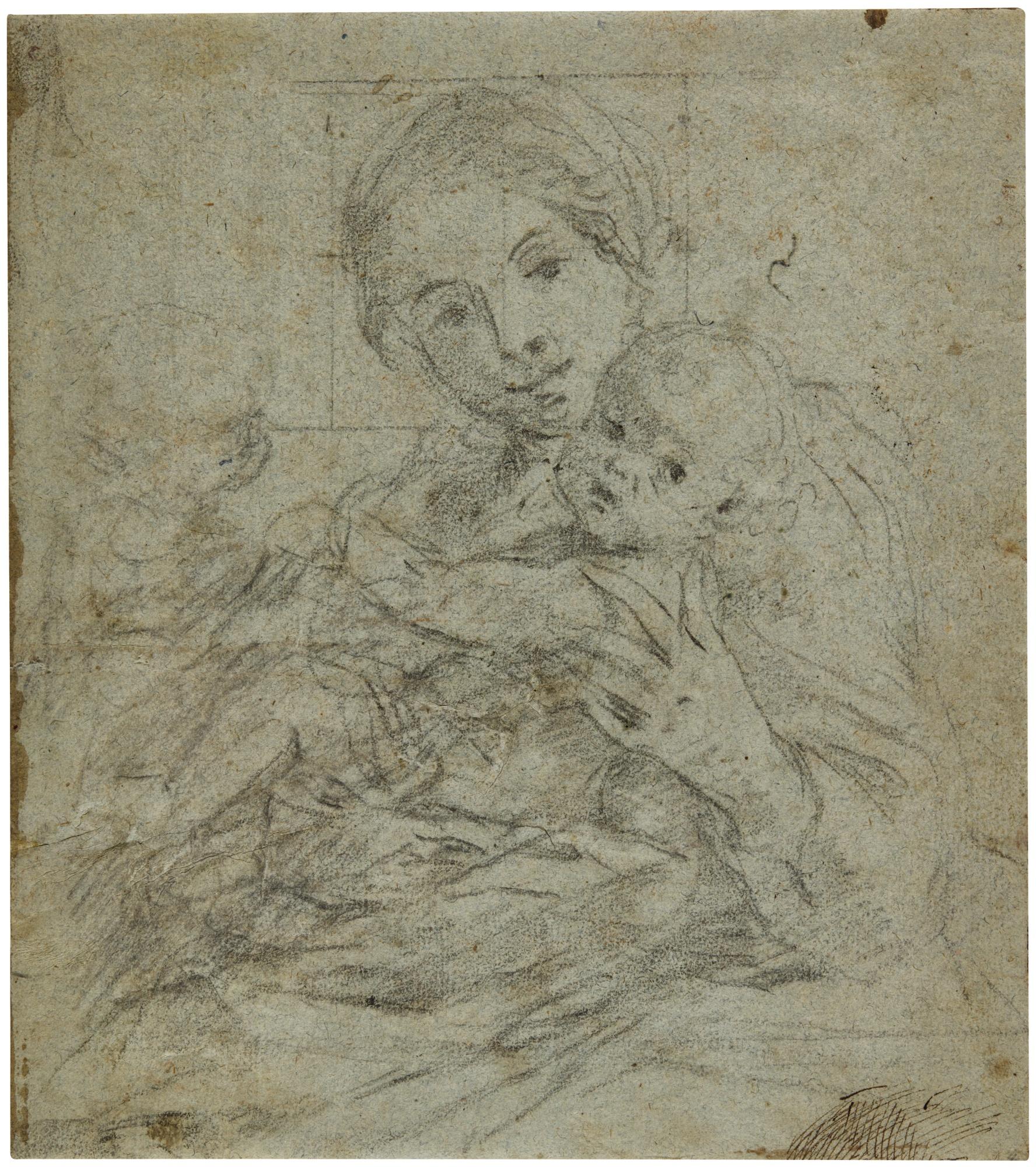 Giovanni Lanfranco - Recto: The Madonna And Child Possibly With St. John The Baptist  Verso:  Various Studies, Including The Head And Bust Of A Woman And A Drapery Study