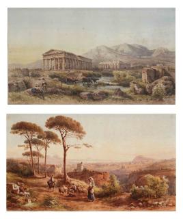 Giovanni Lanza - A view of Naples with the Vesuvius in the background; and The Temple of Neptune and the Temple of Hera, Paestum