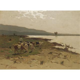 Giovanni Lomi - Grazing By A Lake; Herding The Cattle