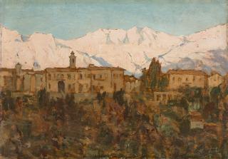 Giovanni Lomi - Scorcio di paese con montagne innevate sullo sfondo