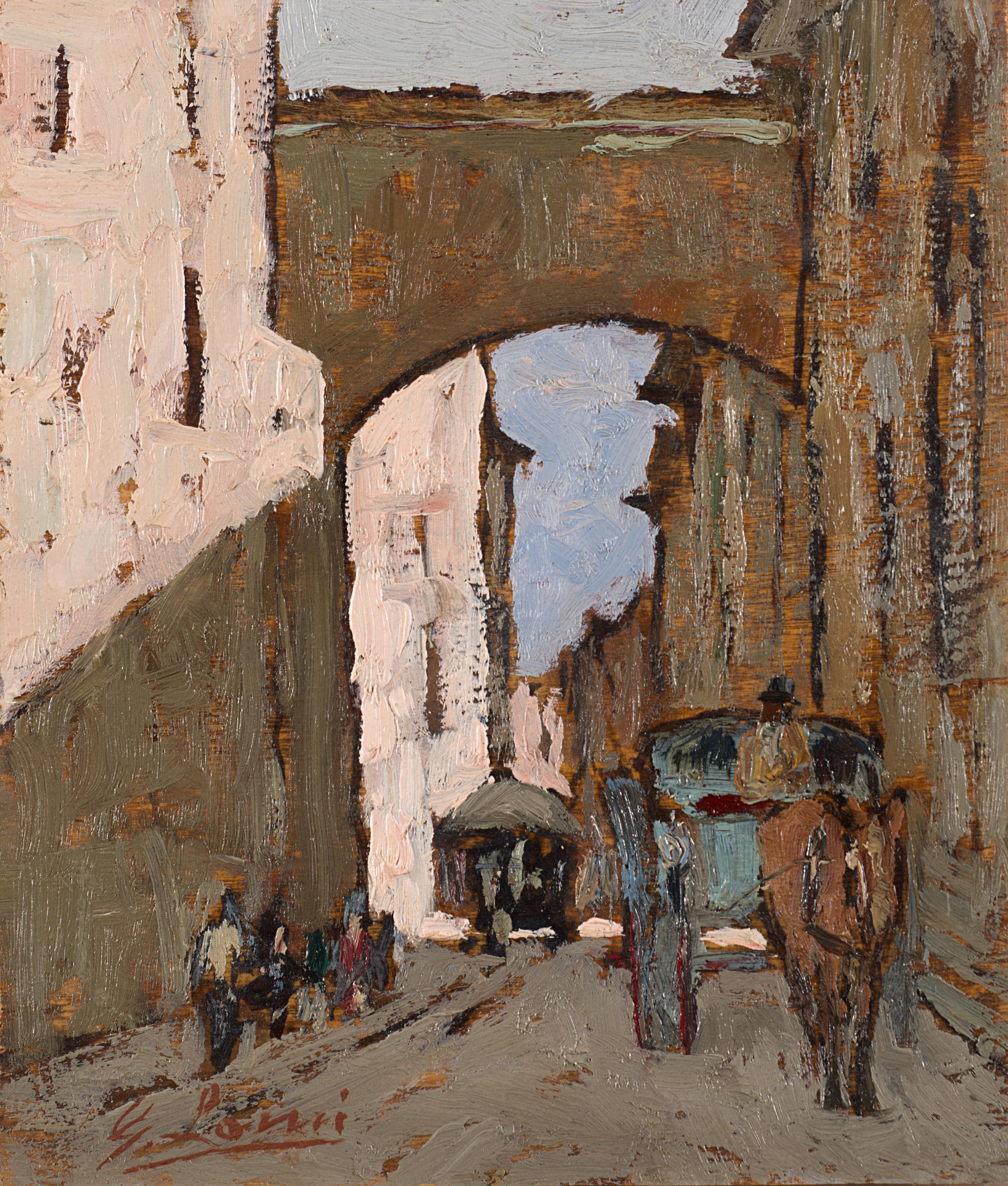 Giovanni Lomi - Vicolo di paese con carretto e figure