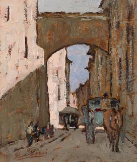 Giovanni Lomi - Vicolo di paese con carretto e figure