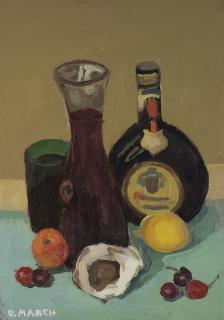 Giovanni March - Composizione con bottiglie e frutti