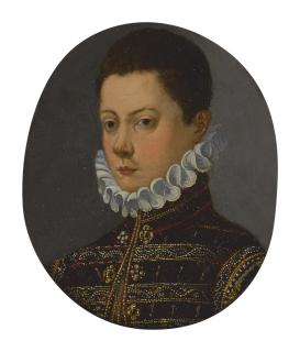 Giovanni Maria Butteri - Portrait Of A Boy In A Burgundy Coat And White Ruff, Bust-Length