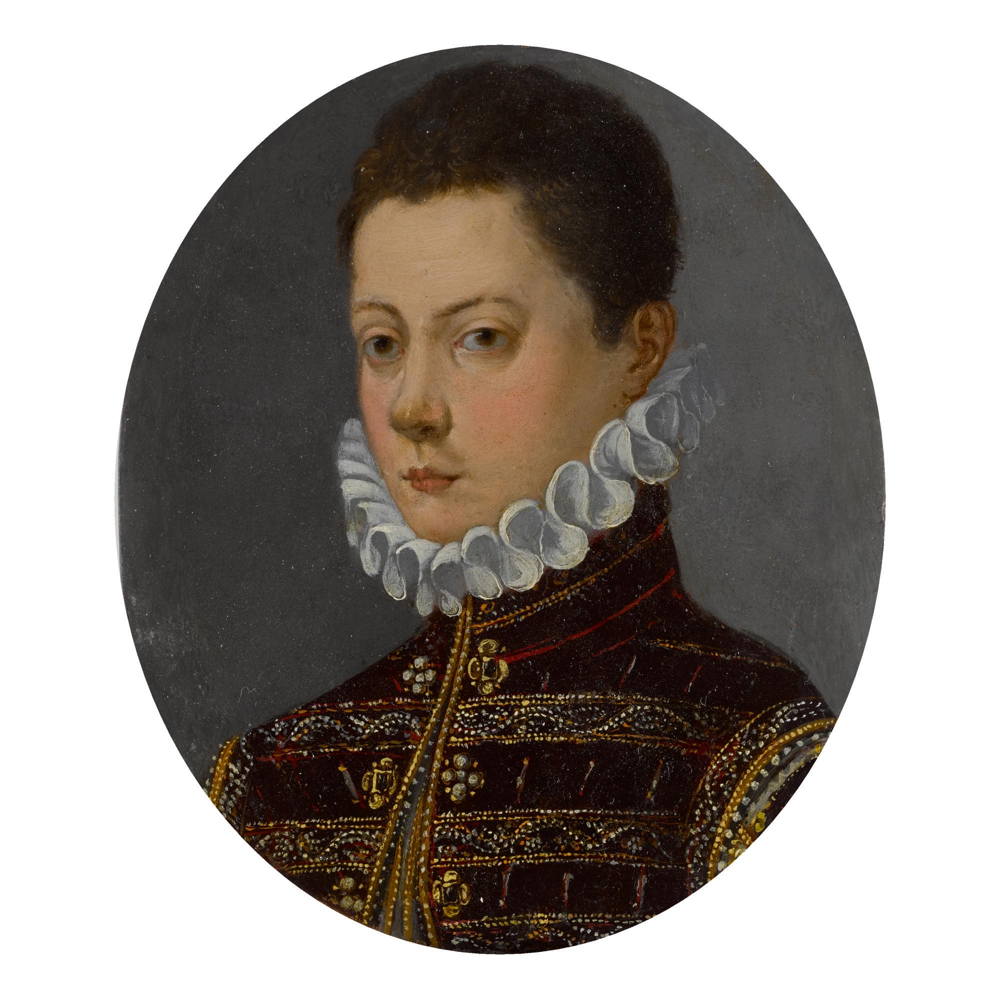 Giovanni Maria Butteri - Portrait Of A Boy In A Burgundy Coat And White Ruff, Bust-Length