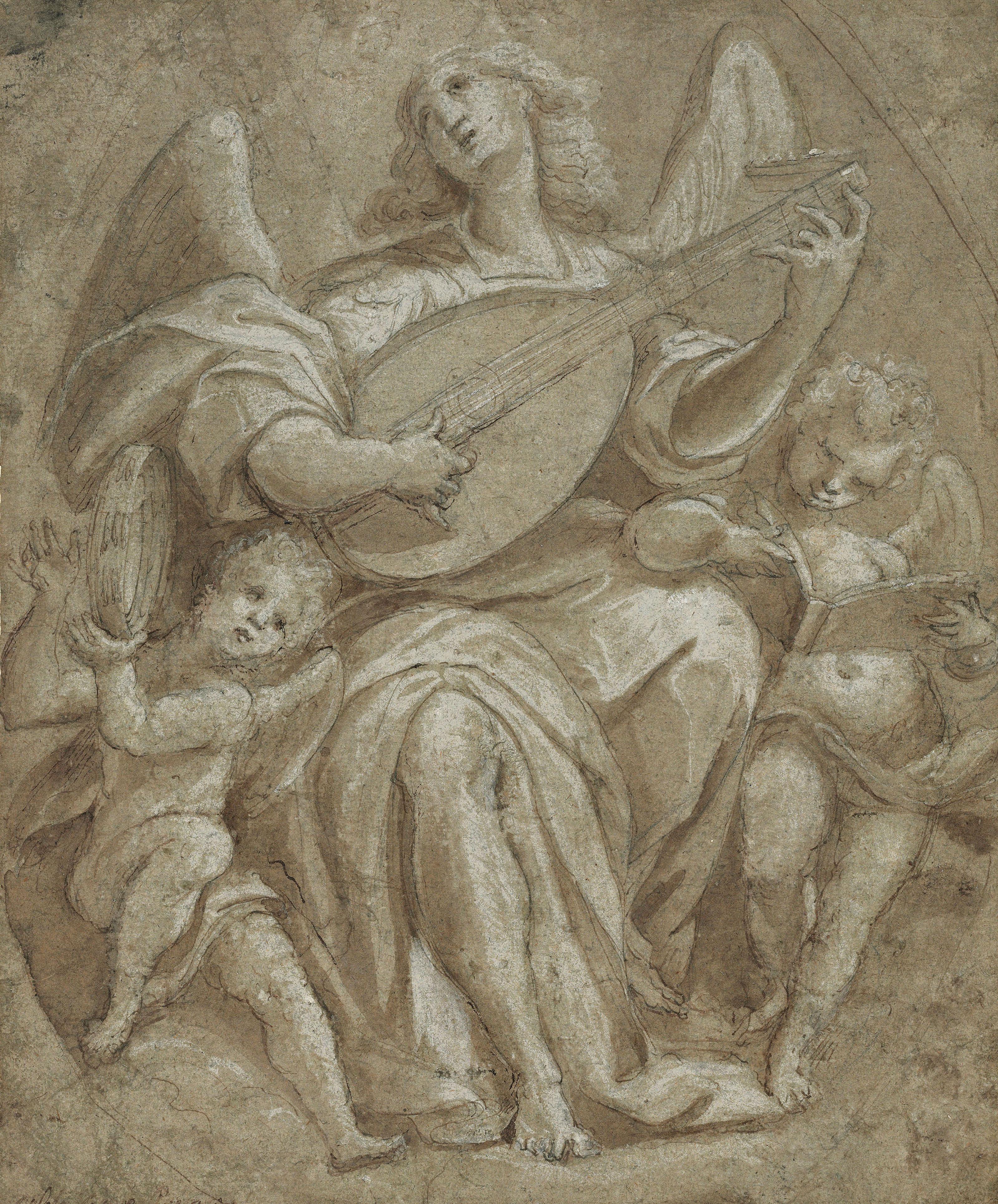 Giovanni Mauro Della Rovere, Il Fiamminghino - An angel playing the lute, with two putti