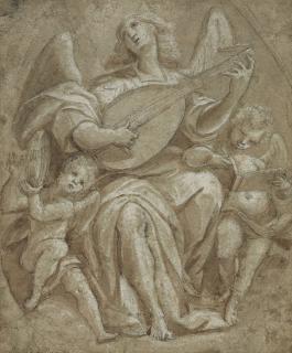 Giovanni Mauro Della Rovere, Il Fiamminghino - An angel playing the lute, with two putti