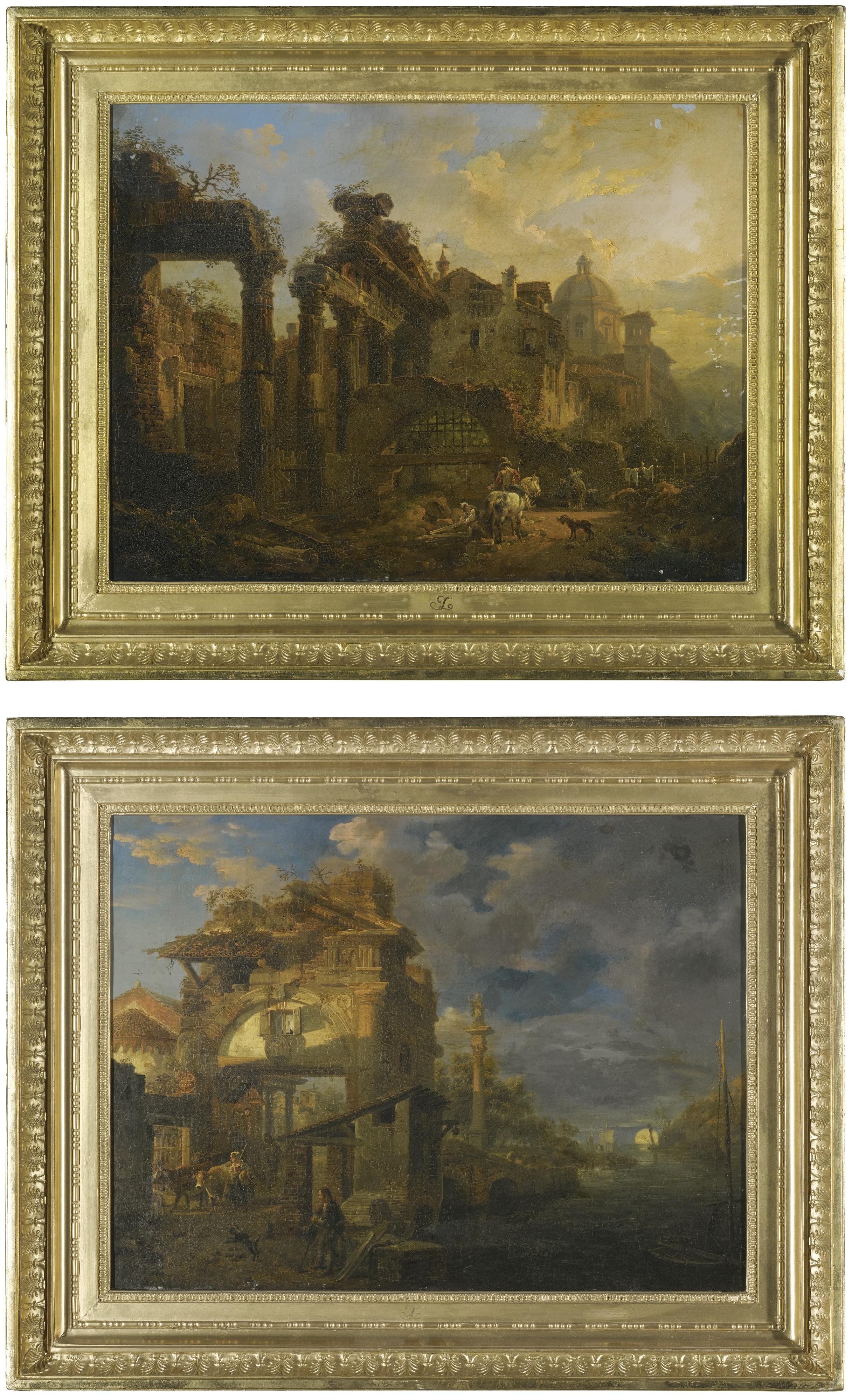 Giovanni Migliara - A Moonlit Landscape With Figures Benath An Ancient Ruined Gatehouse; An Evening Landscape With Figures Beneath Roman Ruins, A Town Beyond