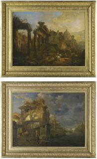 Giovanni Migliara - A Moonlit Landscape With Figures Benath An Ancient Ruined Gatehouse; An Evening Landscape With Figures Beneath Roman Ruins, A Town Beyond