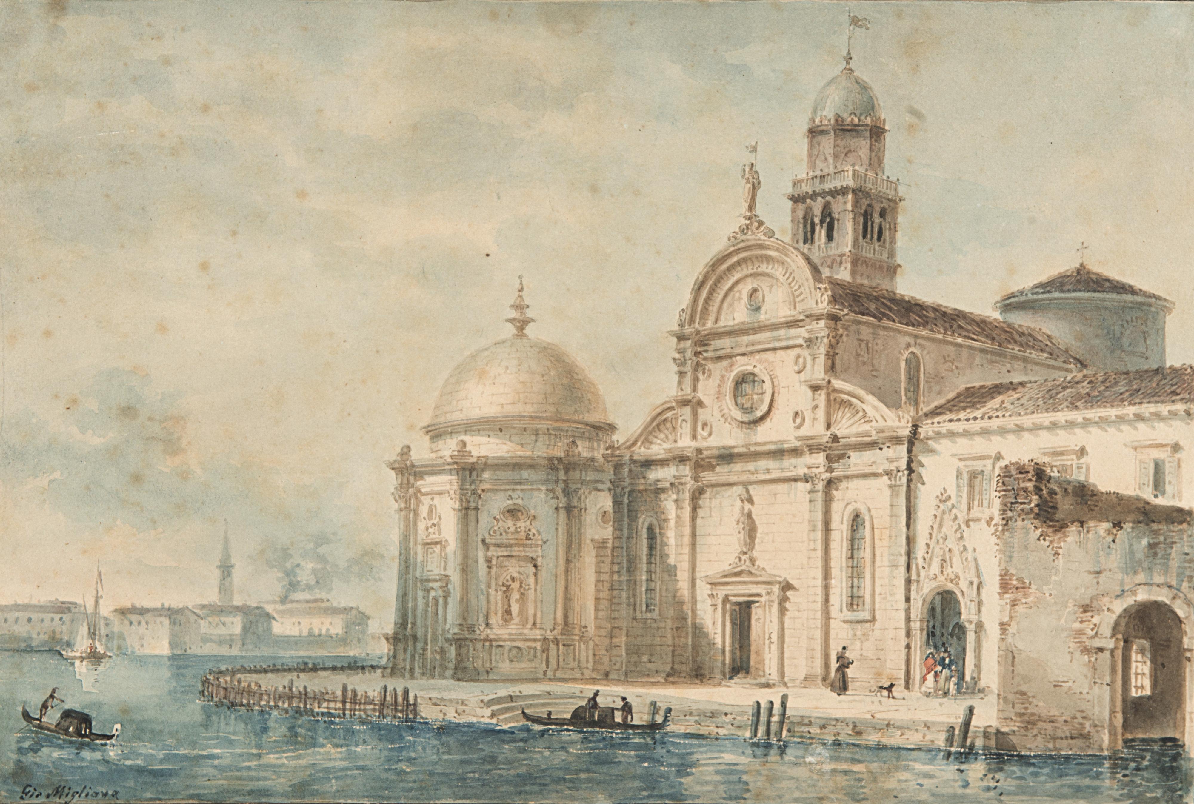 Giovanni Migliara - Scorcio della laguna con chiesa e gondole