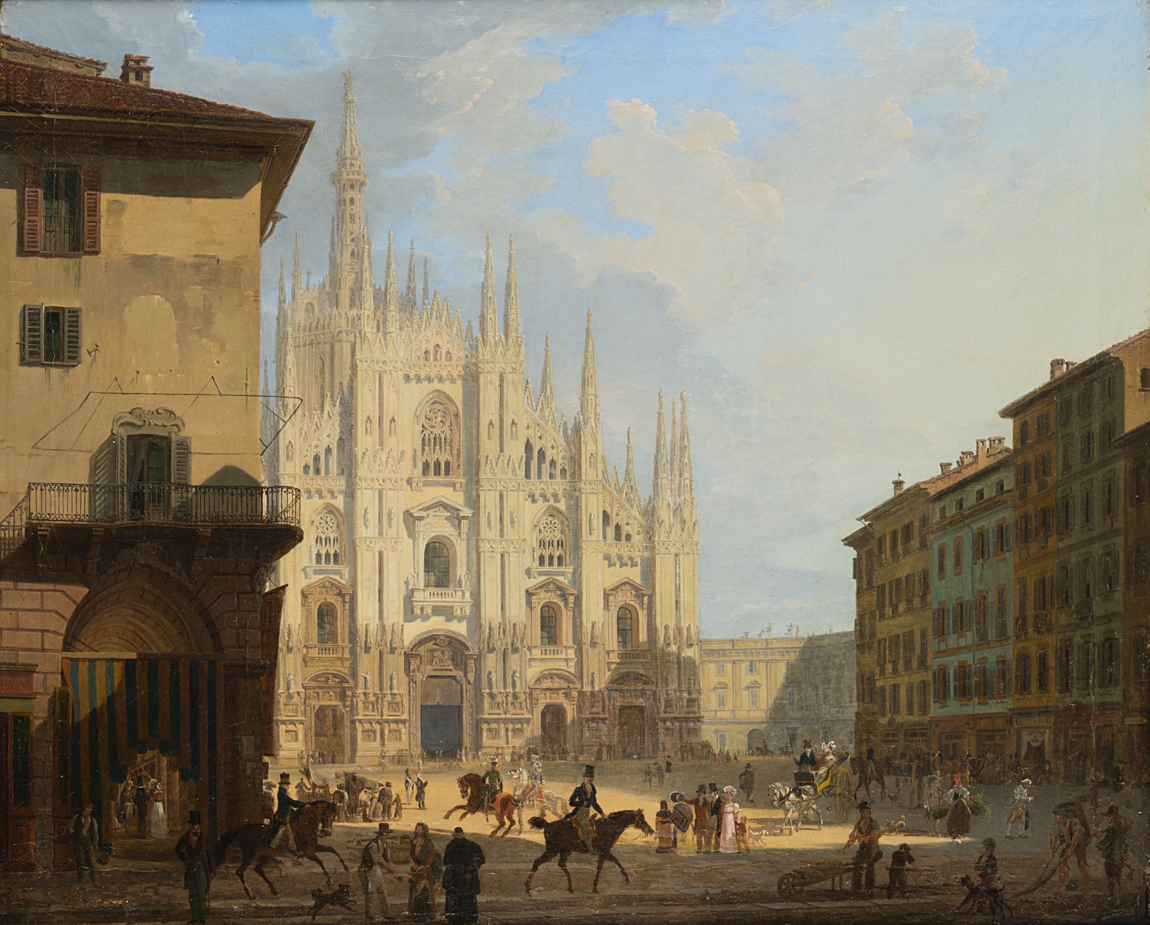 Giovanni Migliara - Veduta di piazza del Duomo in Milano con il coperto dei Figini e l\'isolato del Rebecchino