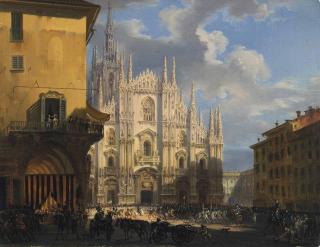 Giovanni Migliara - View of Piazza Duomo with the coperto dei Figini and the isolato del Rebecchino, Milan